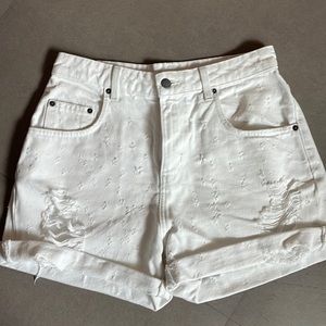 White oversized car mar denim distressed shorts
